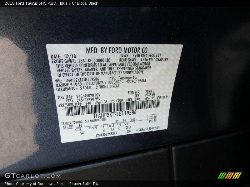 2018 Taurus SHO AWD Blue Color Code FT