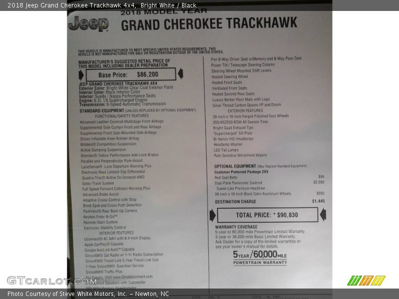  2018 Grand Cherokee Trackhawk 4x4 Window Sticker