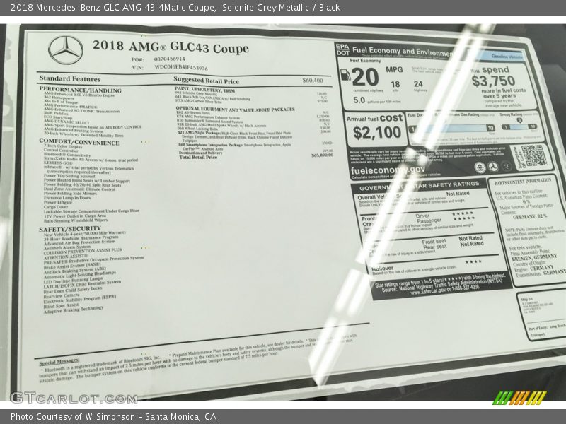  2018 GLC AMG 43 4Matic Coupe Window Sticker