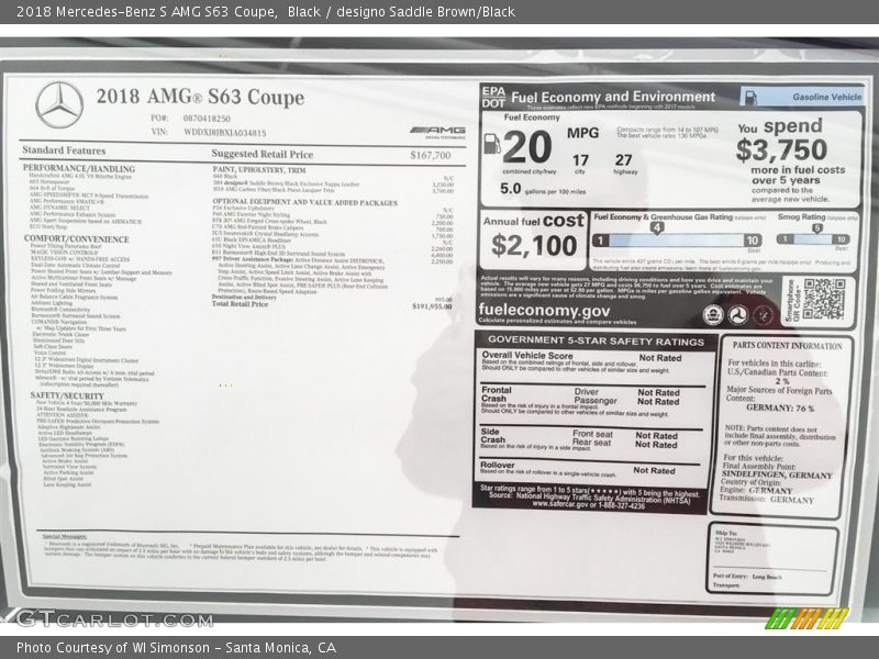  2018 S AMG S63 Coupe Window Sticker