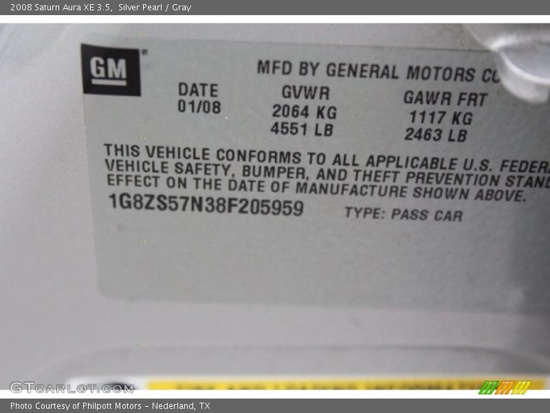 Silver Pearl / Gray 2008 Saturn Aura XE 3.5