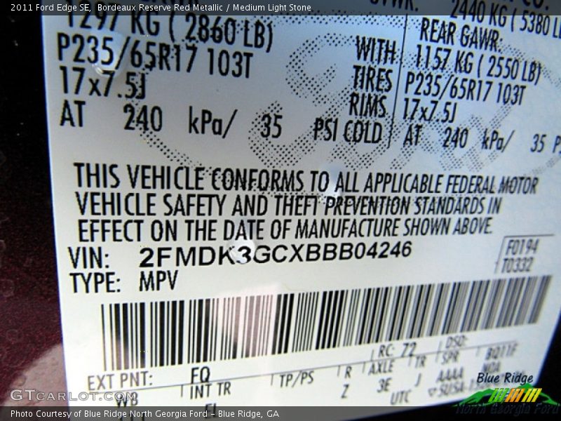 Bordeaux Reserve Red Metallic / Medium Light Stone 2011 Ford Edge SE