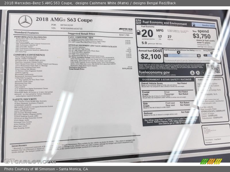  2018 S AMG S63 Coupe Window Sticker