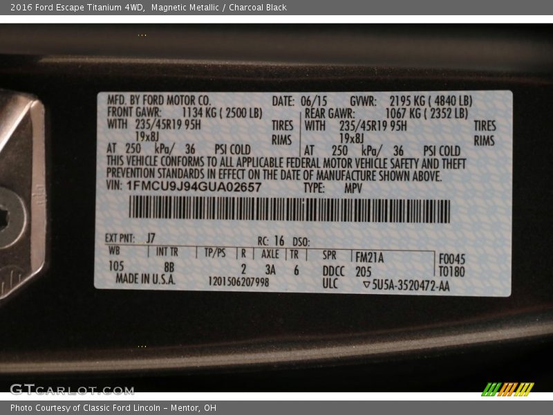 Magnetic Metallic / Charcoal Black 2016 Ford Escape Titanium 4WD