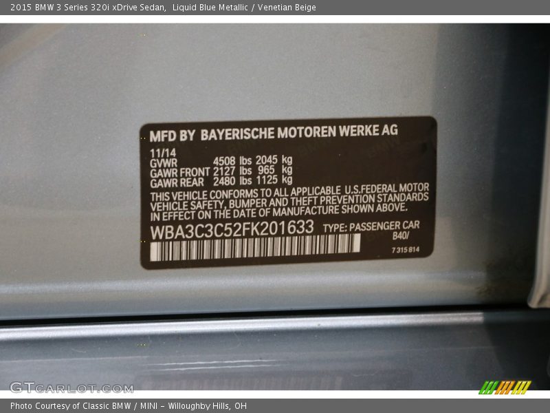 Liquid Blue Metallic / Venetian Beige 2015 BMW 3 Series 320i xDrive Sedan