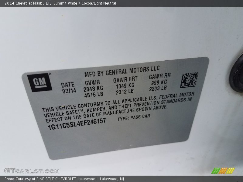 Summit White / Cocoa/Light Neutral 2014 Chevrolet Malibu LT