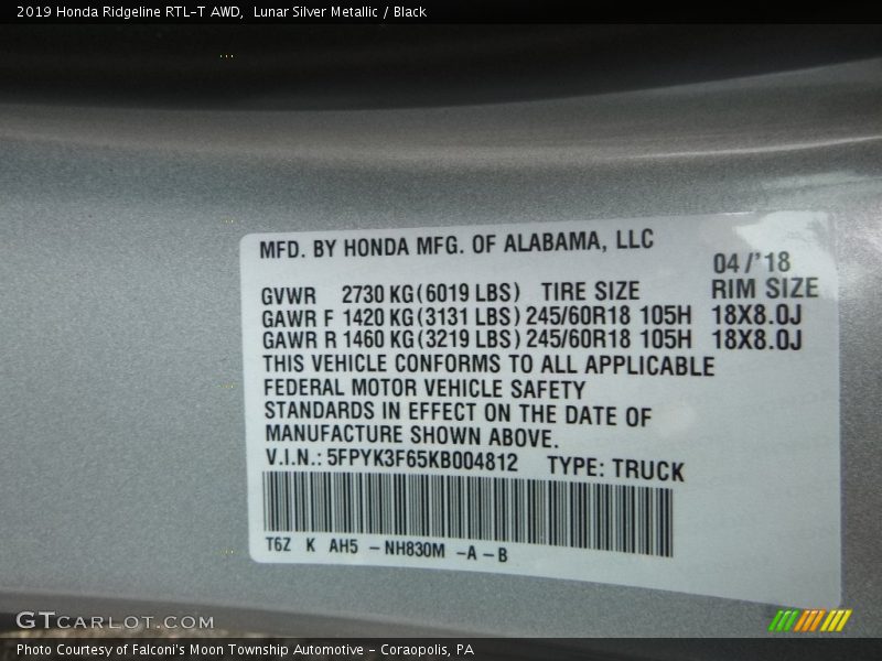 2019 Ridgeline RTL-T AWD Lunar Silver Metallic Color Code NH830M