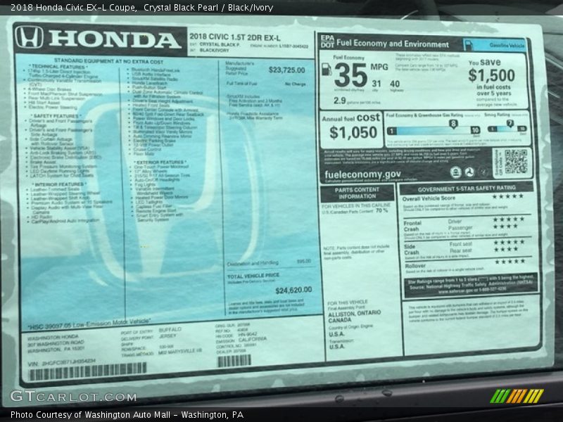 Crystal Black Pearl / Black/Ivory 2018 Honda Civic EX-L Coupe