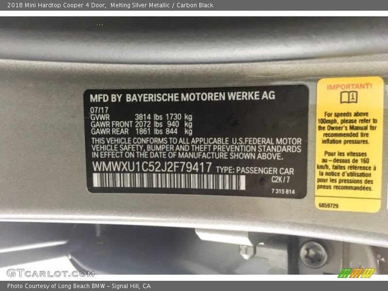 2018 Hardtop Cooper 4 Door Melting Silver Metallic Color Code C2K