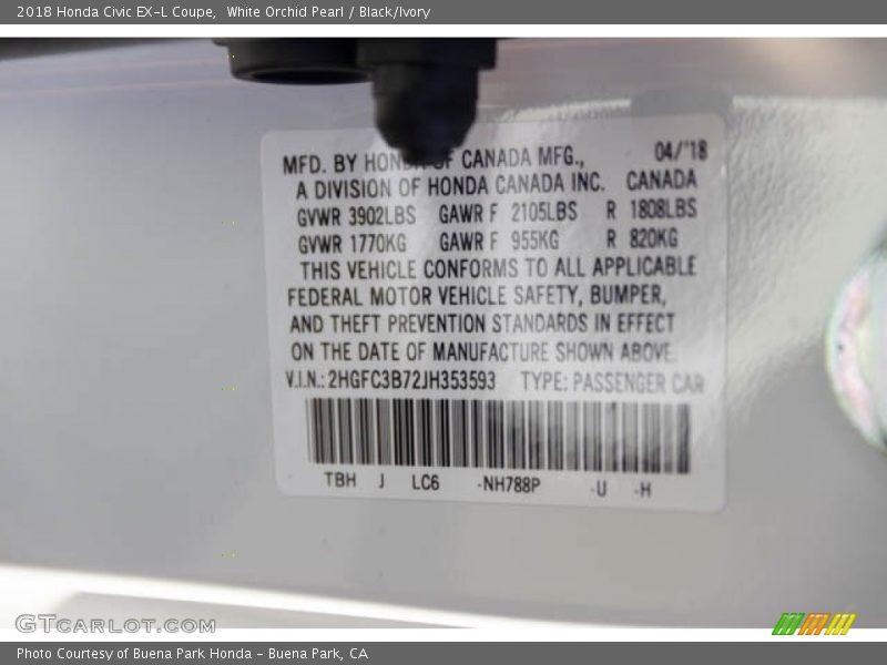 White Orchid Pearl / Black/Ivory 2018 Honda Civic EX-L Coupe