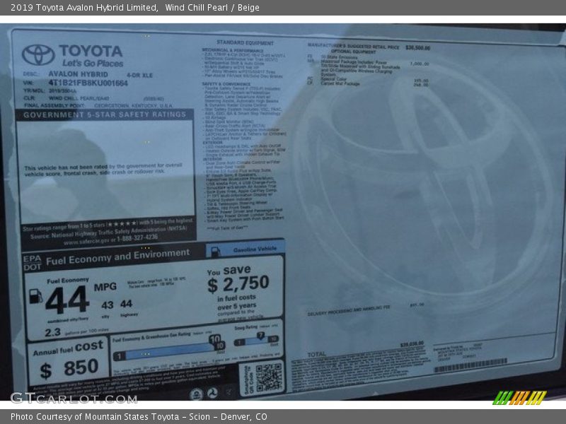  2019 Avalon Hybrid Limited Window Sticker