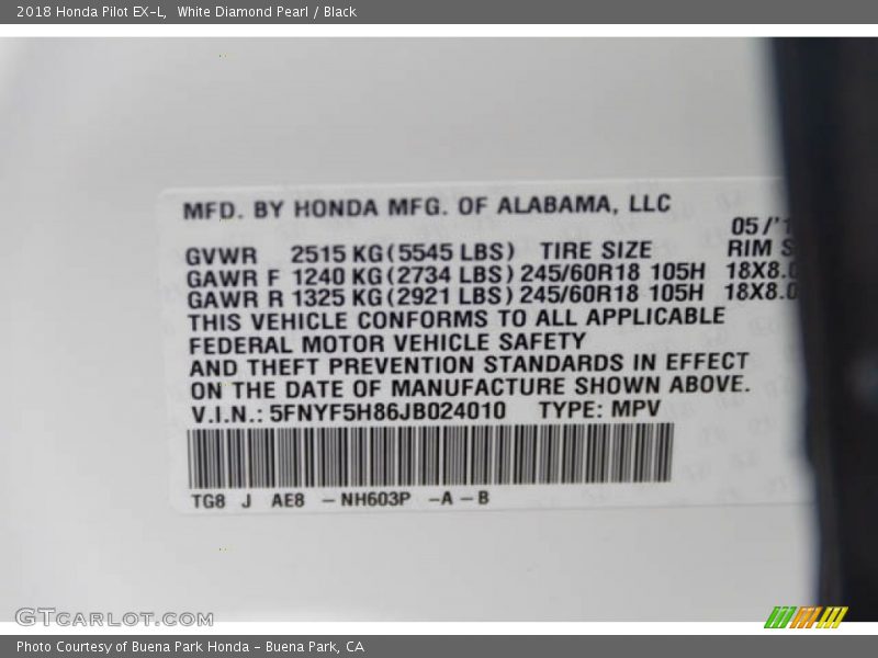 White Diamond Pearl / Black 2018 Honda Pilot EX-L