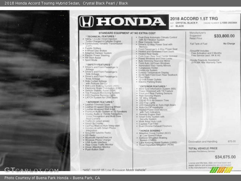 Crystal Black Pearl / Black 2018 Honda Accord Touring Hybrid Sedan