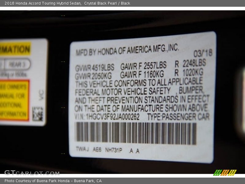 Crystal Black Pearl / Black 2018 Honda Accord Touring Hybrid Sedan