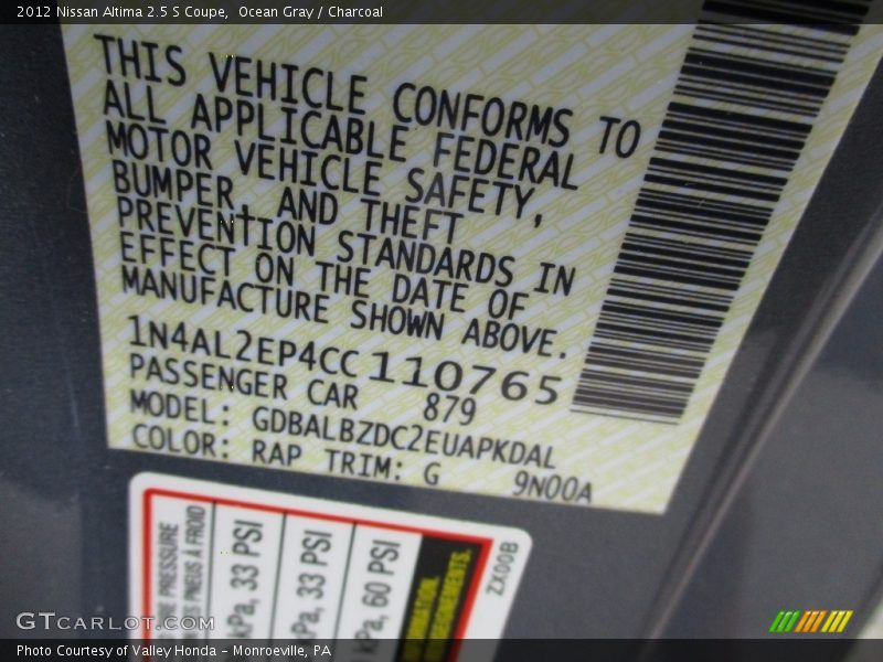 Ocean Gray / Charcoal 2012 Nissan Altima 2.5 S Coupe