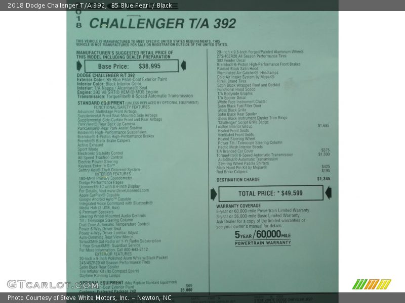  2018 Challenger T/A 392 Window Sticker