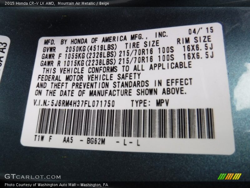 Mountain Air Metallic / Beige 2015 Honda CR-V LX AWD