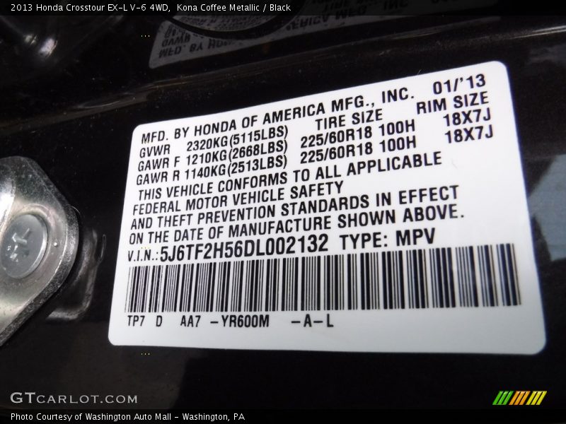 Kona Coffee Metallic / Black 2013 Honda Crosstour EX-L V-6 4WD