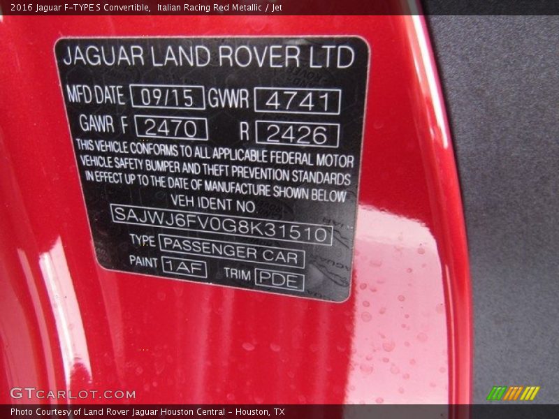 2016 F-TYPE S Convertible Italian Racing Red Metallic Color Code 1AF