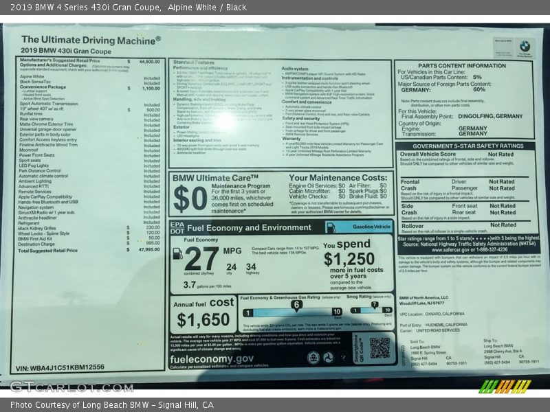  2019 4 Series 430i Gran Coupe Window Sticker