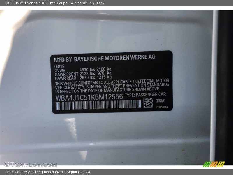 Alpine White / Black 2019 BMW 4 Series 430i Gran Coupe