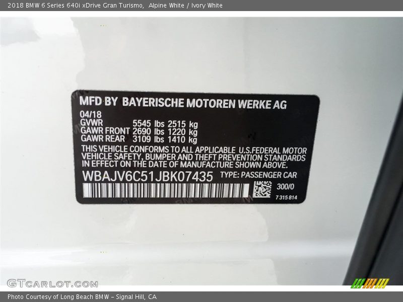 Alpine White / Ivory White 2018 BMW 6 Series 640i xDrive Gran Turismo