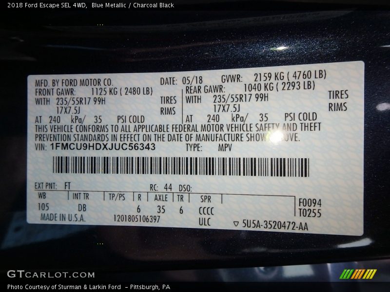 Blue Metallic / Charcoal Black 2018 Ford Escape SEL 4WD