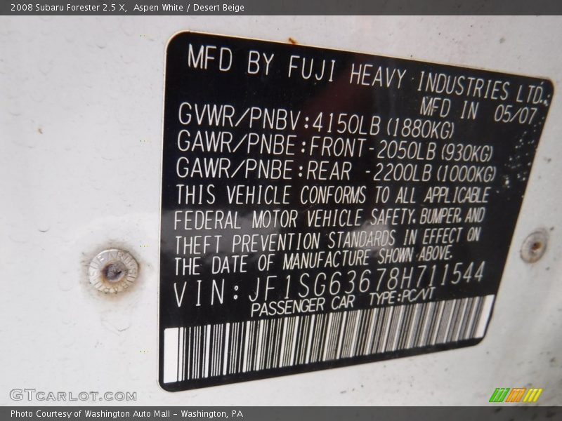 Aspen White / Desert Beige 2008 Subaru Forester 2.5 X