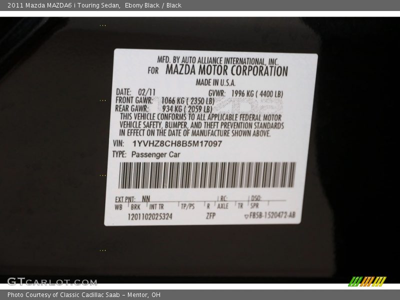 Ebony Black / Black 2011 Mazda MAZDA6 i Touring Sedan