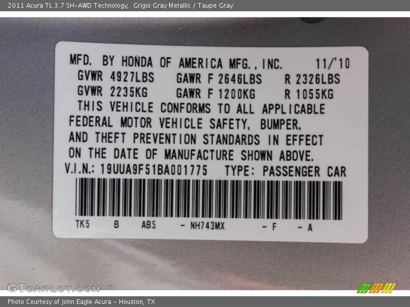 Grigio Gray Metallic / Taupe Gray 2011 Acura TL 3.7 SH-AWD Technology