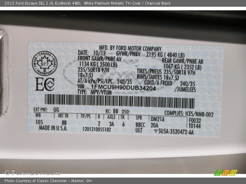 White Platinum Metallic Tri-Coat / Charcoal Black 2013 Ford Escape SEL 2.0L EcoBoost 4WD