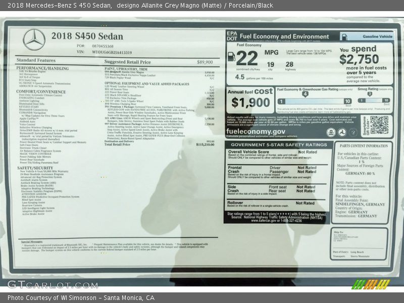  2018 S 450 Sedan Window Sticker