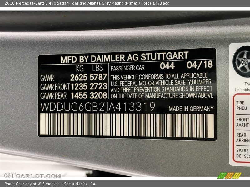 2018 S 450 Sedan designo Allanite Grey Magno (Matte) Color Code 044