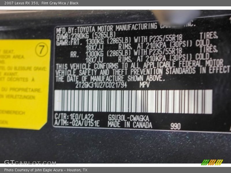 Flint Gray Mica / Black 2007 Lexus RX 350