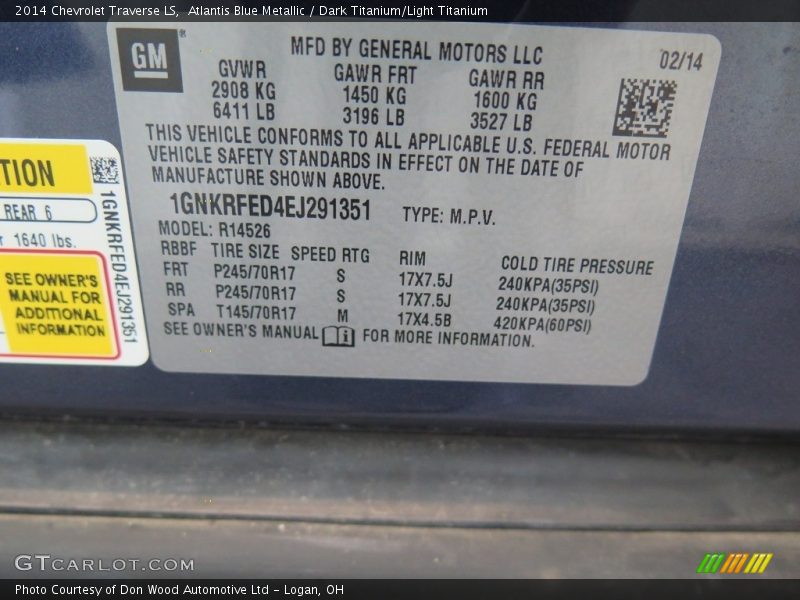 Atlantis Blue Metallic / Dark Titanium/Light Titanium 2014 Chevrolet Traverse LS