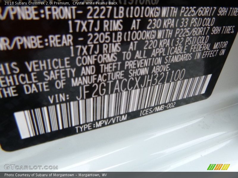 Crystal White Pearl / Black 2018 Subaru Crosstrek 2.0i Premium