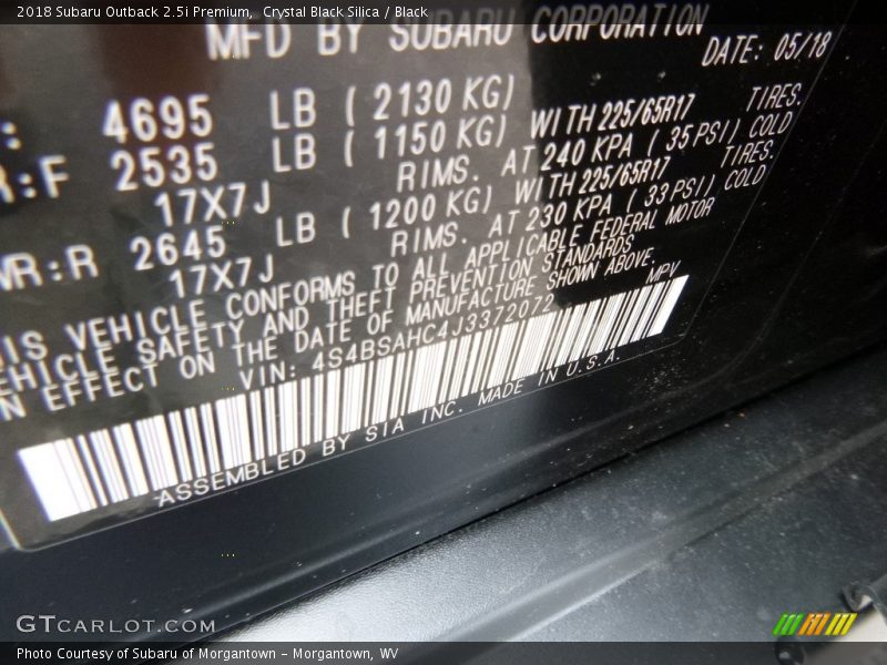 Crystal Black Silica / Black 2018 Subaru Outback 2.5i Premium