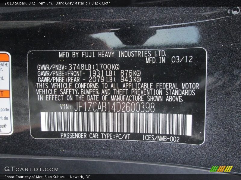 Dark Grey Metallic / Black Cloth 2013 Subaru BRZ Premium