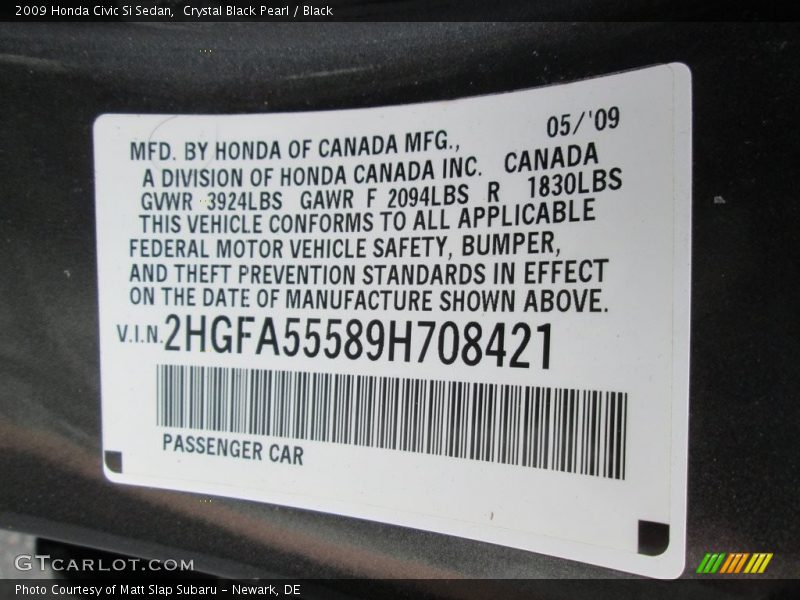 Crystal Black Pearl / Black 2009 Honda Civic Si Sedan