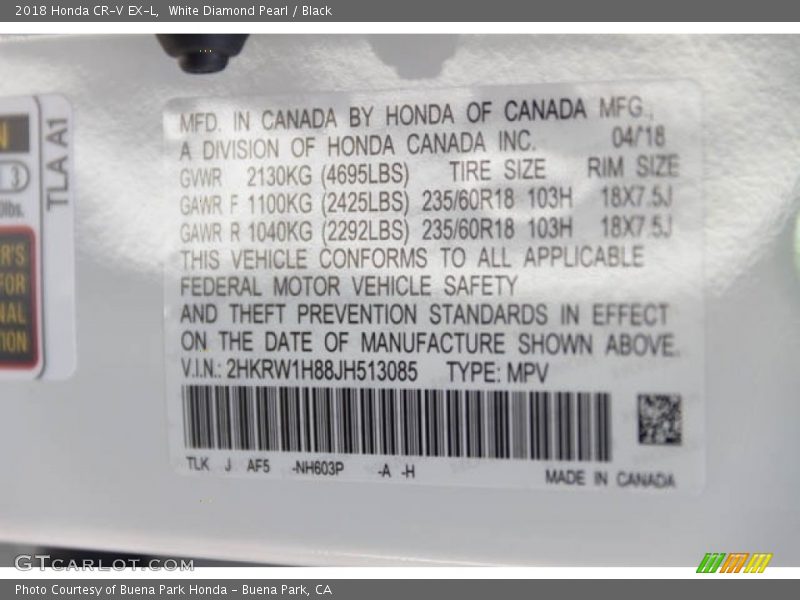 2018 CR-V EX-L White Diamond Pearl Color Code NH603P