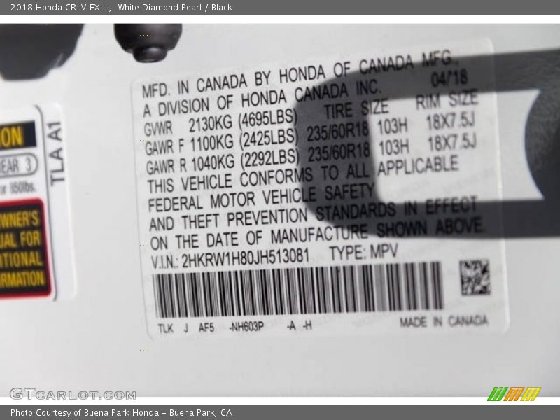 White Diamond Pearl / Black 2018 Honda CR-V EX-L