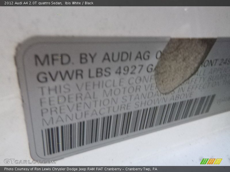 Ibis White / Black 2012 Audi A4 2.0T quattro Sedan