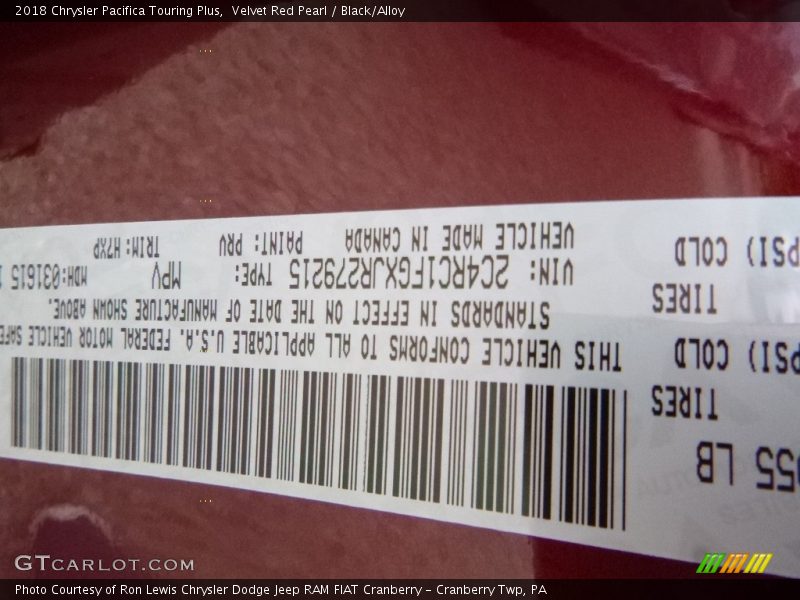 Velvet Red Pearl / Black/Alloy 2018 Chrysler Pacifica Touring Plus