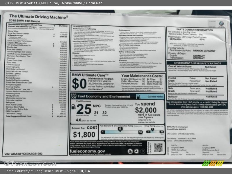  2019 4 Series 440i Coupe Window Sticker