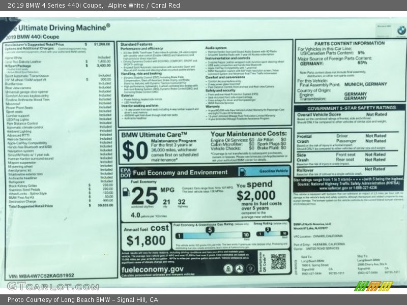 Alpine White / Coral Red 2019 BMW 4 Series 440i Coupe