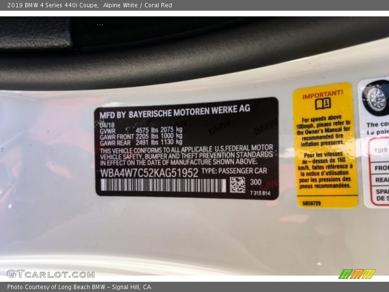 Alpine White / Coral Red 2019 BMW 4 Series 440i Coupe