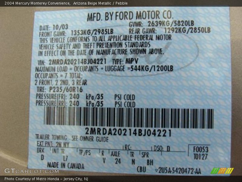 Arizona Beige Metallic / Pebble 2004 Mercury Monterey Convenience