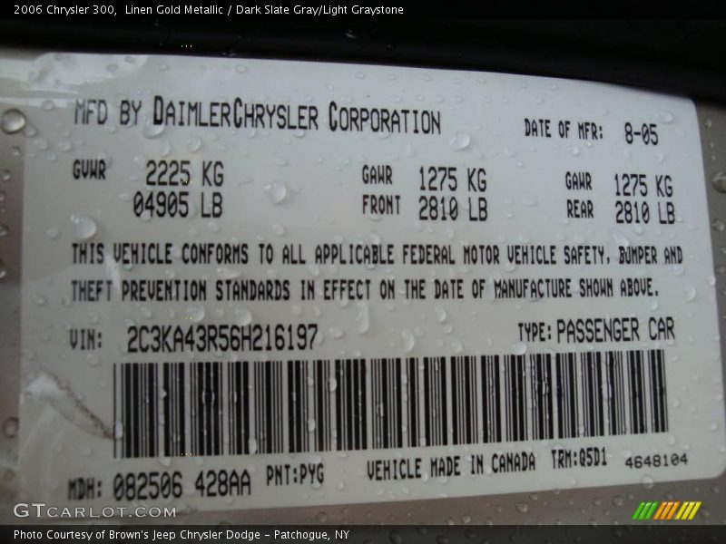 Linen Gold Metallic / Dark Slate Gray/Light Graystone 2006 Chrysler 300