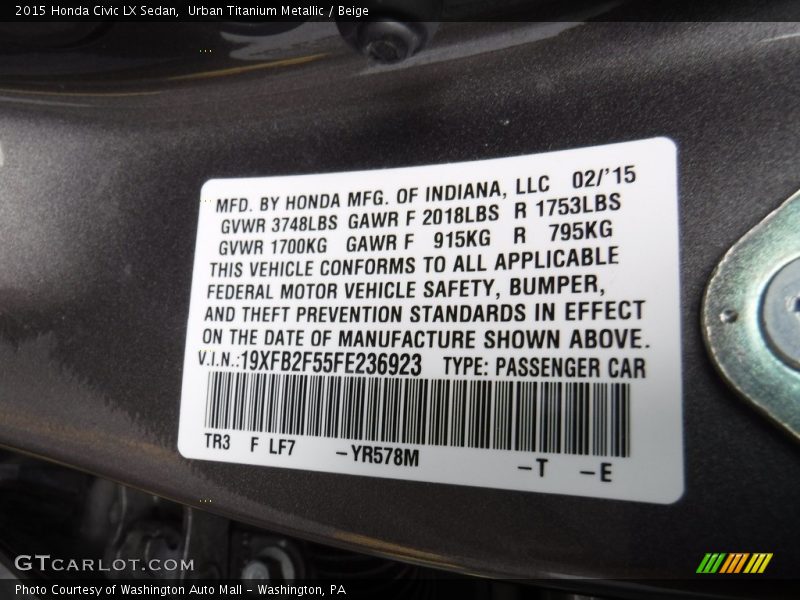 Urban Titanium Metallic / Beige 2015 Honda Civic LX Sedan