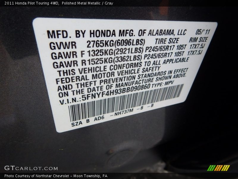 Polished Metal Metallic / Gray 2011 Honda Pilot Touring 4WD